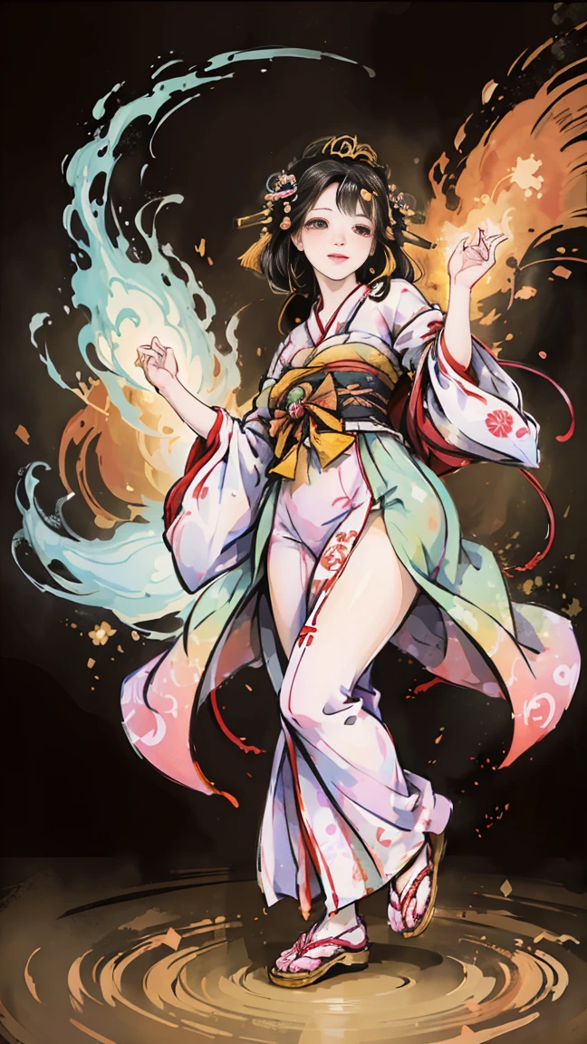 ( creates amazing digital illustrations of beautiful women wearing kimonos), Beautiful woman smiling, Showing upper white teeth, Brightly colored Ukiyo-e style illustration, Brownish black long hair, Beautiful full body style, ((If you want to dance, Dancing to Tokyo Ondo, All right, all right.)), Beautiful New Digital Painting, Bright and vibrant digital anime art, beautiful anime illustration art, The torii gate of a Japanese shrine is in the background., Unique creations and one-of-a-kind depictions , 