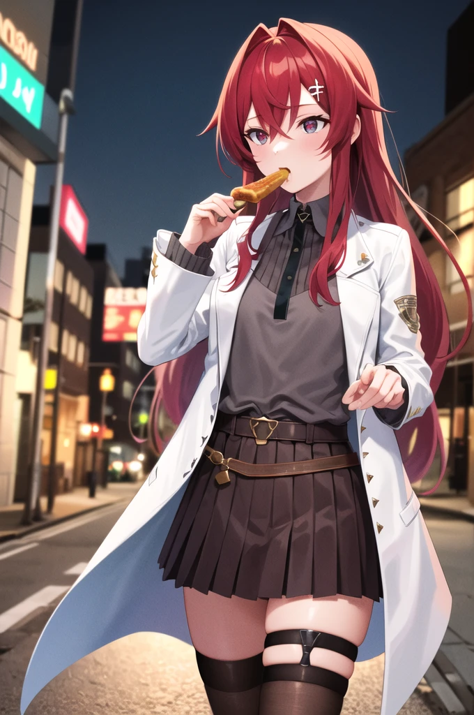 masterpiece, best quality, highres,pun , long hair, fringe, red eyes, gray shirt, lab coat, open clothes,  long sleeves , belt, Black skirt, pleated skirt, thigh strap, brown tights,  standing, cowboy atirou, on the street at night, Eating a barbecue kebab.