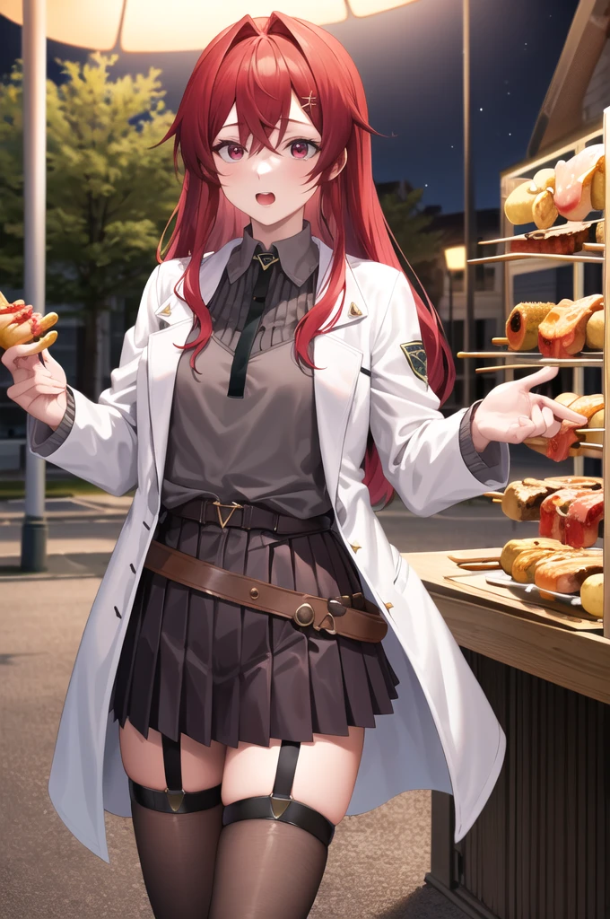 masterpiece, best quality, highres,pun , long hair, fringe, red eyes, gray shirt, lab coat, open clothes,  long sleeves , belt, Black skirt, pleated skirt, thigh strap, brown tights,  standing, cowboy atirou, on the street at night, Eating a barbecue kebab.