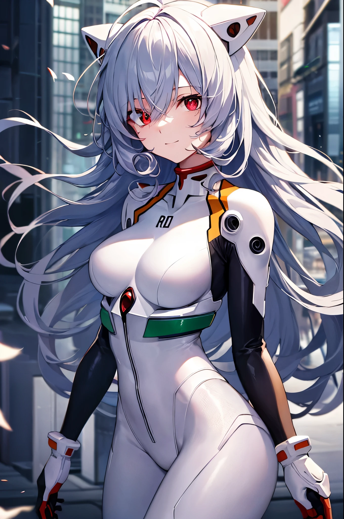 reiayanami, Rei Ayanami, Blue hair,(Long_messy_hair:1.4),(curly hair:1.4), (Red Eyes:1.5),light_smile,(half_eye:1.5)
BREAK bodysuit, headgear, plugsuit, White bodysuit,cowboy_shot,
BREAK outdoors, city,
BREAK looking at viewer, 
BREAK (masutepiece:1.2), Best Quality, High resolution, Unity 8k Wallpaper, (Illustration:0.8), (Beautiful detailed eyes:1.6), extra detailed face, Perfect Lighting, extremely details CG, (Perfect hands, Perfect Anatomy),