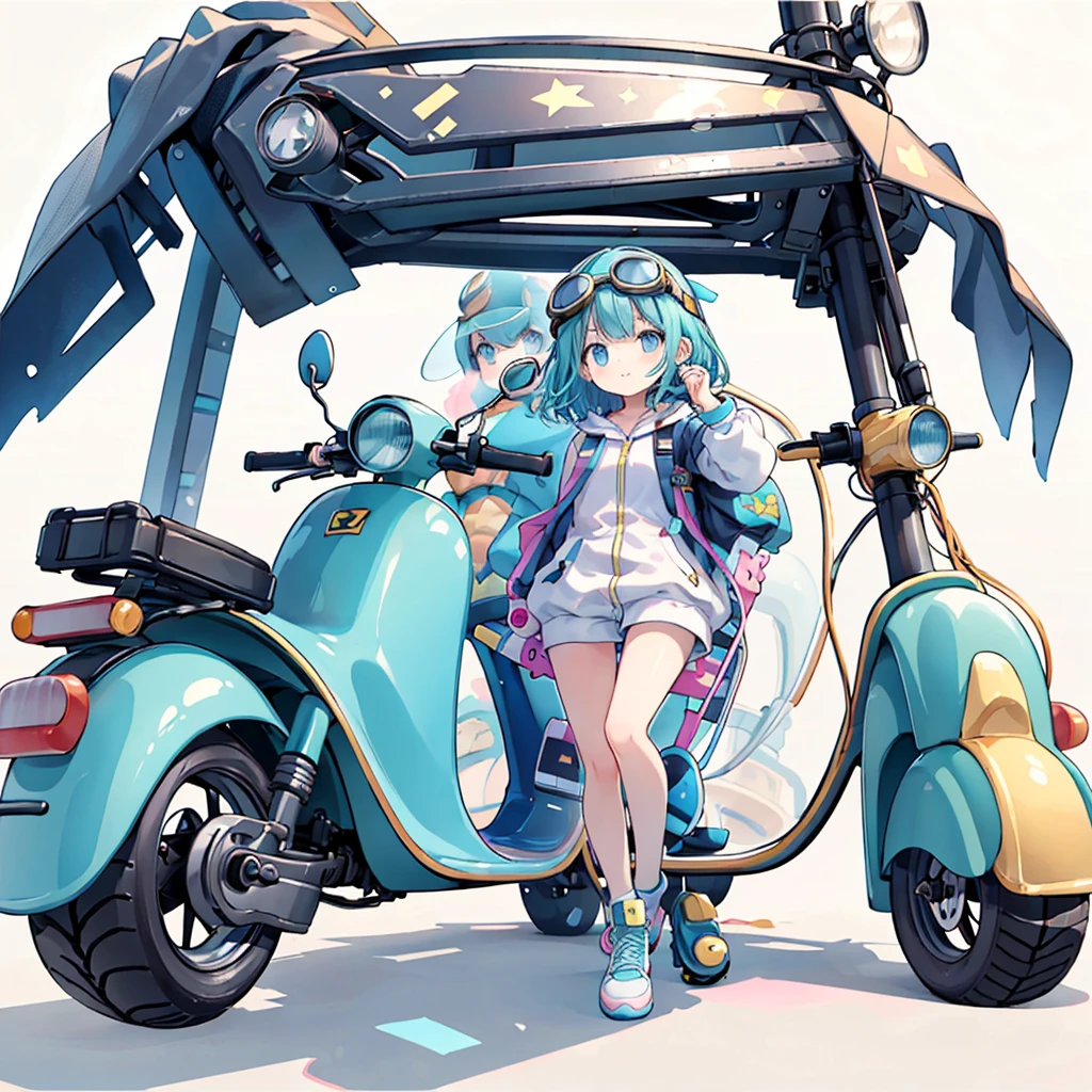 Mechanical Hair Ornament, full-length portrait or statue, Girl with heavy machine on her back, Abatomically Correct, Girl wearing knickerbockers on android legs, full body, Shirt with penguin illustration, Pink Almond Background, Pink Background, Peacock Green Hair, Girl equipped with Rocket Launcher, Masterpiece, The moment the girl is about to kick the ground and fly, Woman with android-like legs, Tachi-e, High Resolution, Character Design, Ahoge, Super Detailed, Modern, Bright Pupils, Earrings, Asymmetrical Hair, Solo, 1girl, Gradient Hair, Very Pretty Lady, Open Mouth, Flexible and Very Nice Body, Smile, Green Hair, Action Painting, Multicolored Eyes, Raised Eyebrows, Colored Eyelashes, Pupils Sparkling, Naughty