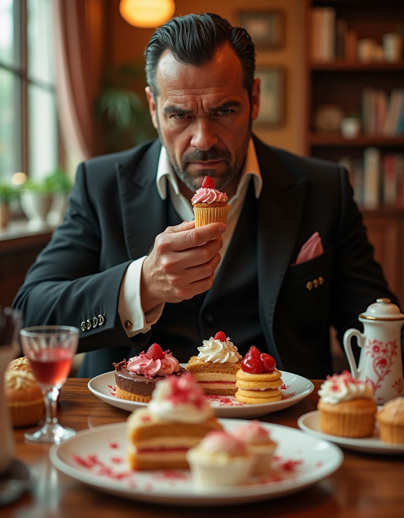 A mafia eating sweets arranged all over a table at a maid cafe, Please draw a mismatch where a strong character eats sweets lined up on a table full of sweets, detailed face, (best quality,4k,8k,highres,masterpiece:1.2),ultra-detailed,(realistic,photorealistic,photo-realistic:1.37),maid cafe, assorted sweets on table, contrast, delicate desserts, soft lighting, warm colors, cinematic angle, 