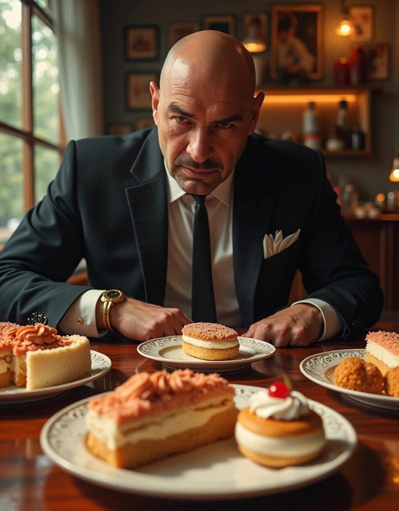 A mafia eating sweets arranged all over a table at a maid cafe, Please draw a mismatch where a strong character eats sweets lined up on a table full of sweets, detailed face, (best quality,4k,8k,highres,masterpiece:1.2),ultra-detailed,(realistic,photorealistic,photo-realistic:1.37),maid cafe, assorted sweets on table, contrast, delicate desserts, soft lighting, warm colors, cinematic angle, 