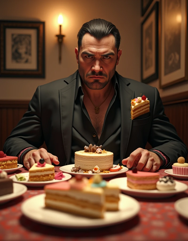 A mafia eating sweets arranged all over a table at a maid cafe, Please draw a mismatch where a strong character eats sweets lined up on a table full of sweets, detailed face, (best quality,4k,8k,highres,masterpiece:1.2),ultra-detailed,(realistic,photorealistic,photo-realistic:1.37),maid cafe, assorted sweets on table, contrast, delicate desserts, soft lighting, warm colors, cinematic angle, 