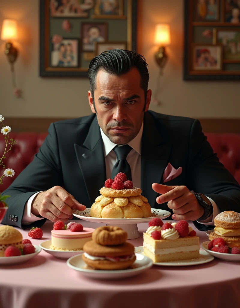 A mafia eating sweets arranged all over a table at a maid cafe, Please draw a mismatch where a strong character eats sweets lined up on a table full of sweets, detailed face, (best quality,4k,8k,highres,masterpiece:1.2),ultra-detailed,(realistic,photorealistic,photo-realistic:1.37),maid cafe, assorted sweets on table, contrast, delicate desserts, soft lighting, warm colors, cinematic angle, 