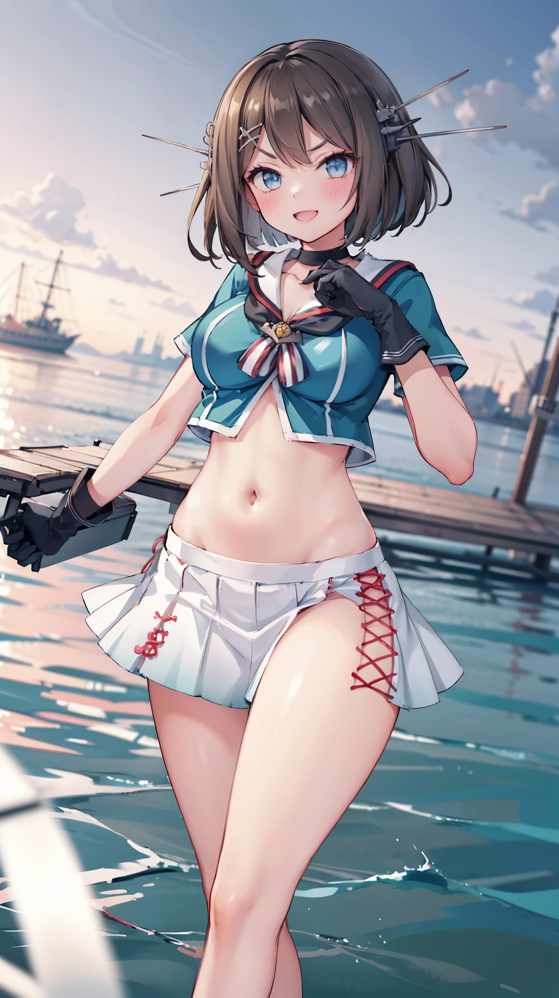 best quality, integrated scenery, integrated background, extremely delicate and beautiful, meticulous details, good composition, , cute face, perfect face, perfect hands,an anime style  ,1young_teen_ girl, brown_hair, medium_bob_hair, blue_midriff_baring_sailor_uniform, mini_skirt, short_sleeve, thighs, large_breasts, (angry_eyebrows:0.8),big_smile,standing,open_legs,large_eyes, harbor_background, slightly_spread_legs, happiness, short_gloves,headgear,(abs:0.7)