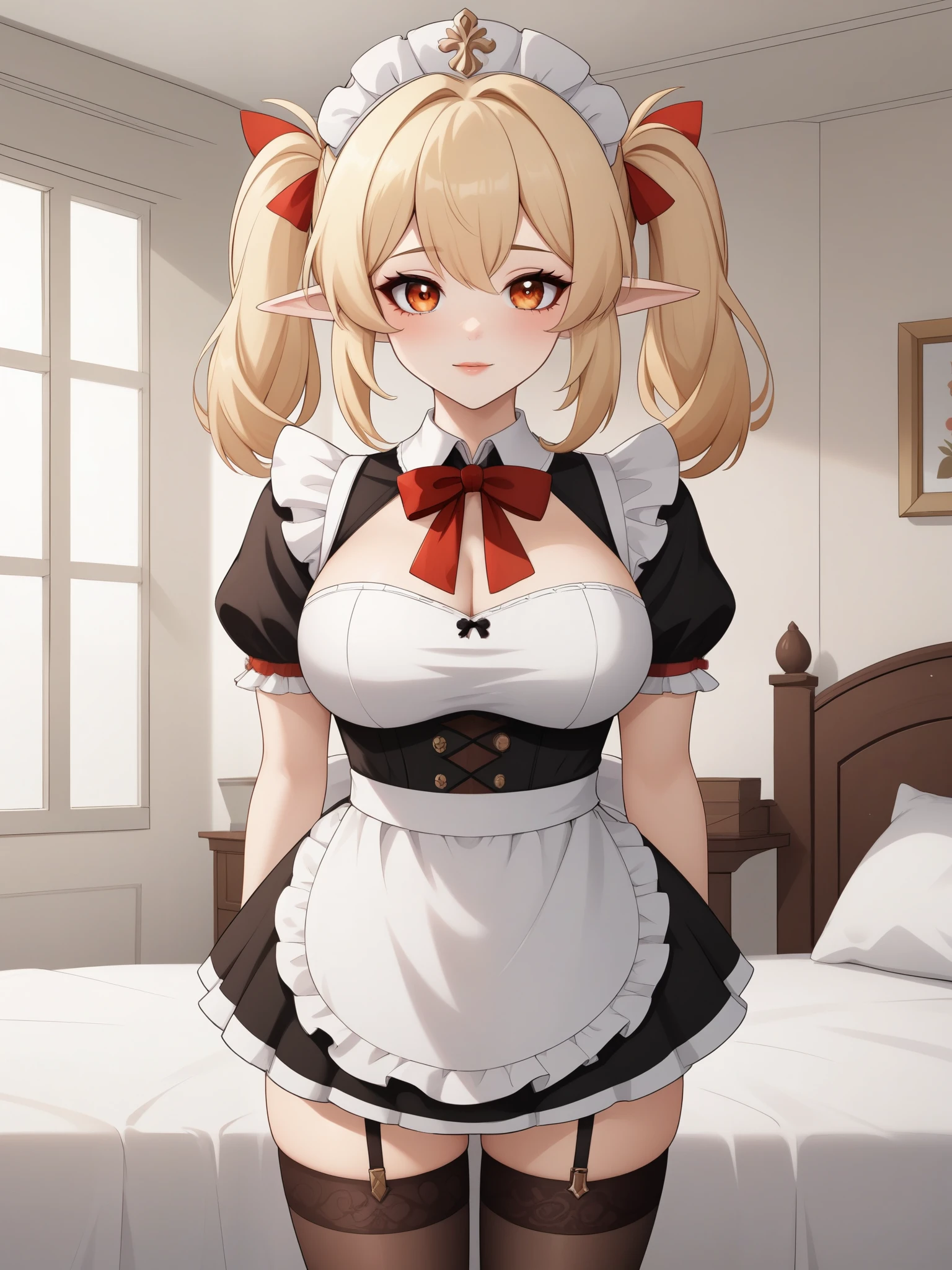 Klee. Genshin Impact. Age: she is ten years old. 
Appearance: pale skin, orange eyes, blonde hair in pigtails, and elf ears. 
Clothing: red maid dress. stockings.
bedroom