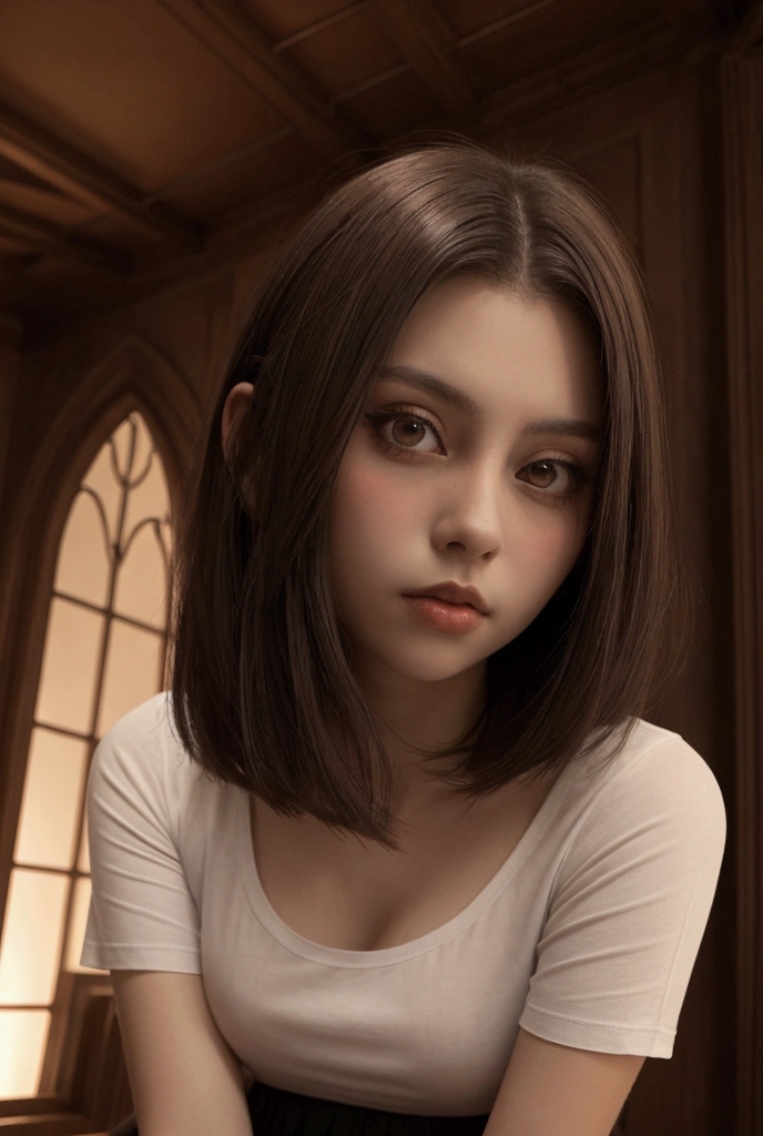 in a gothic house, 1 girl, square haircut , brown eyes, Mystical mood, Night,  realistic image,  high resolution, Realistic anatomy, in detail, view from below, realism, realism, Flirting, looks at the viewer, short skirt,  white short t-shirt , 