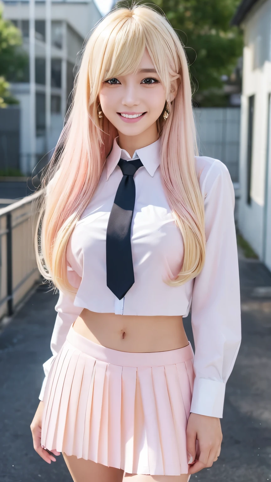 Mix 4, (8K, RAW Photos, Highest quality, masterpiece: 1.45), (Realistic, photoRealistic: 1.37), kitagawa marin, (Blonde, Pink gradient hair:1.5), ((Long Hair:1.5, Sink bangs,Colorful Hair, Red eyes)),(((Indian Style)))、Japanese women, ,high School student、Model Body Type, (Big Breasts:1.1), Narrow waist, Beautiful Face, Beautiful Eyes, , jewelry,Earrings, White shirt, Shirt with tie, Black Choker, Blue tie, Checked skirt, White panties、Grin, smile, Are standing, Cowboy Shot, Schoolyard、hight School, 1 Girl, alone, Detailed face and eyes, Upper body photo. Realistic, Realistic.Marin Gyaru,School_uniform