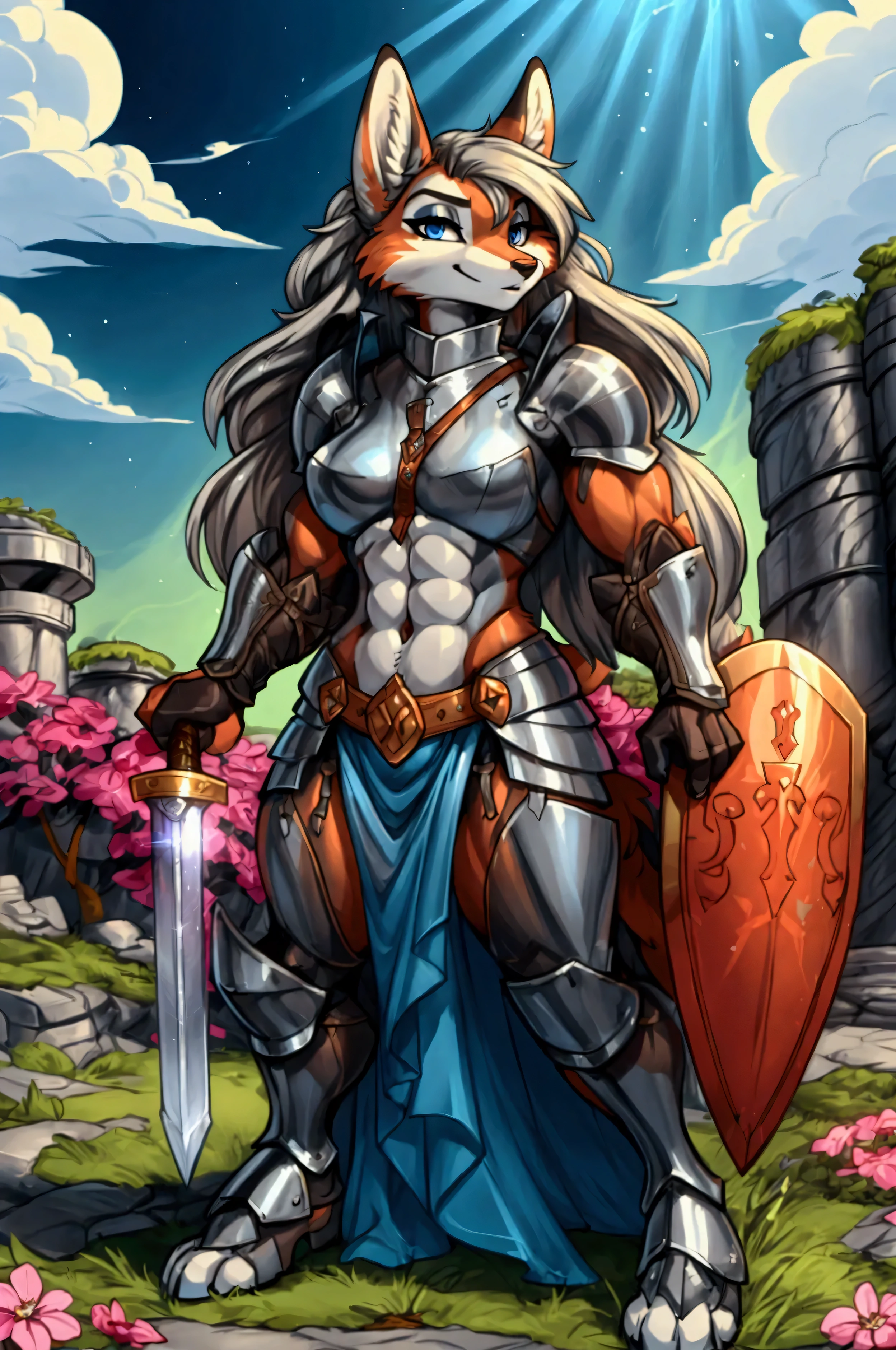 Anthropomorphic fox, female, knight armor, long flowing flowery hair, heroic pose, wielding a sword and a shield, vibrant colors, fantasy battlefield background, muscular, well-toned abs, sexy