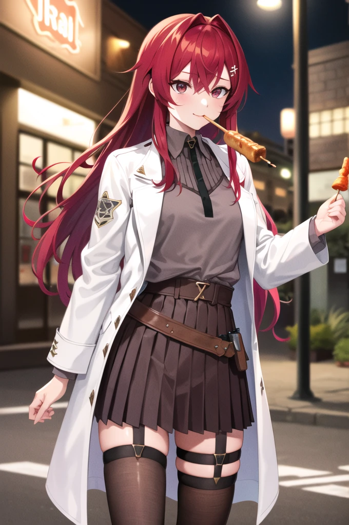 masterpiece, best quality, highres,pun , long hair, fringe, red eyes, gray shirt, lab coat, open clothes,  long sleeves , belt, Black skirt, pleated skirt, thigh strap, brown tights,  standing, cowboy atirou, on the street at night, Eating a meat barbecue kebab, looking seductively