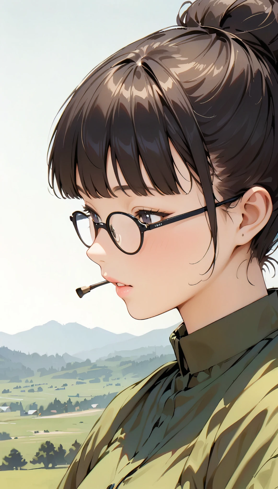 (Best Quality:1.2, Very detailed, Latest, Vibrant, masterpiece:1.2,Best aesthetics), Monochrome, girl, 20th Generation, Morning Scenery, Landscape,Wearing glasses, ((Front close-up shot:1.2)), Hime cut, Bangs, Bun Hair, Calm brown hair, Pink Lips, ((Retro, Vintage, Plain background, Monochromeアート,  anime character that stretches)).