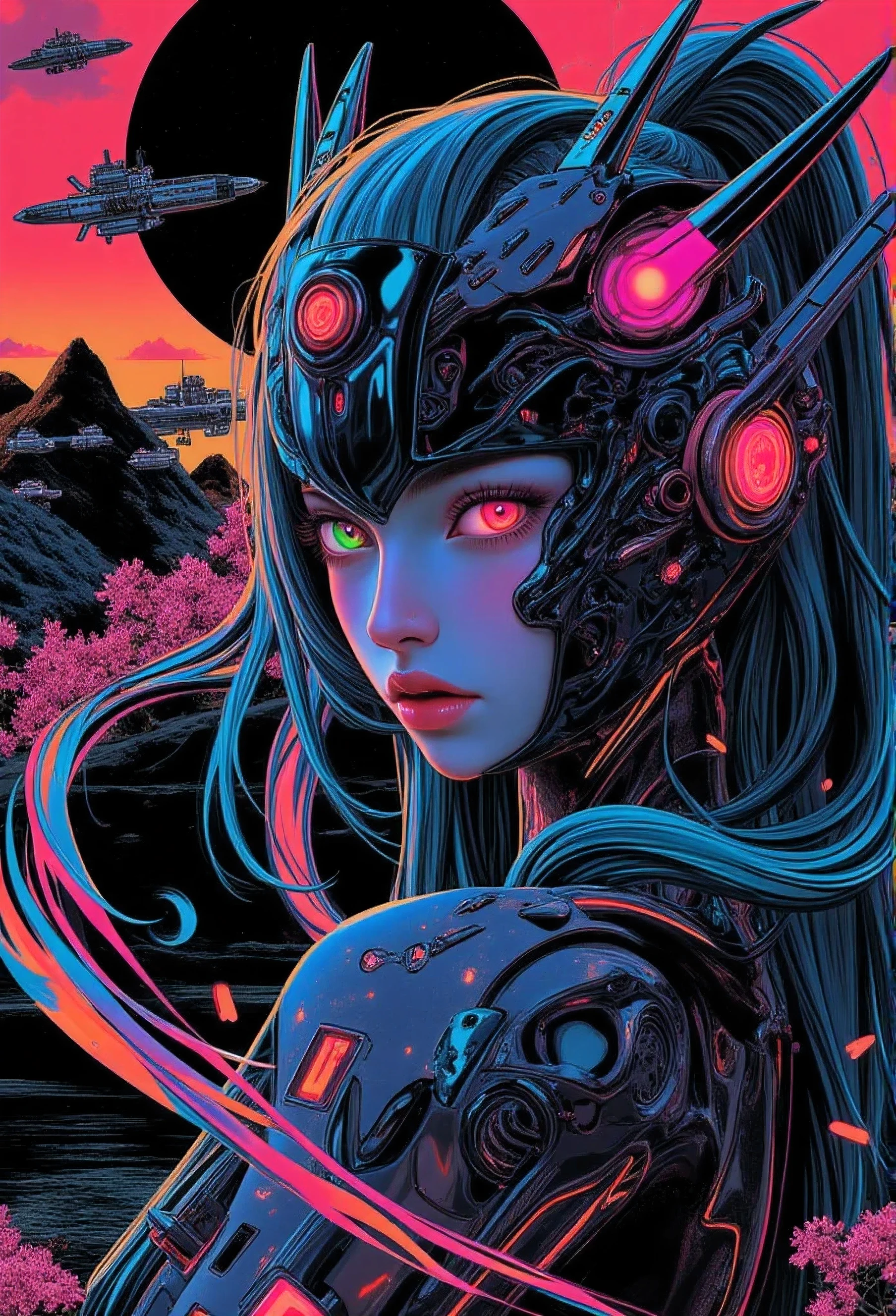 ((best quality)), ((masterpiece)), (detailed), perfect face of cyberpunk mecha japanese girl, neon rainbow eyes, metallic black body, rainbow hair, ((monochromatic neon rainbow color palette)), surreal, art nouveau, spaceships, aliens, fantasy, sci-fi, graphic novel, line drawing, french retro, bizarre, gallery worthy, work of uncanny art, Super detailed, Super exquisite, 8k, Yamakawa，rios，Sun，Mountain and Sea Lark Scroll，Ancient mythology of the Mountain and Sea Sutra，((mythological beasts))，manticore, 
