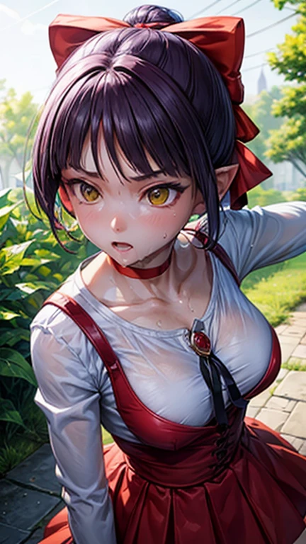 High quality masterpiece, (Unreal Engine), reality:1.8, Ultra-high resolution, Rich contrast, Very high quality, 8k, High resolution textures, Astonishing absolute resolution, Advanced Settings, colorful, Clear images, Sharp focus, Digital Blending, (Hasselblad Photos, Dynamic Angle),

One Girl, nekomusume \(Gegege no Kitaro 6\), Purple Hair, Yellow Eyes, Alone, Red dress, Red choker, hair ribbon, Pointed Ears, short hair, White shirt, Long sleeve, Red ribbon, bangs, clavicle, brooch, jewelry, Big Breasts, My clothes are wet with sweat and sticky,  

The world of Kitaro from gegege, Outdoor, Dynamic pose, 