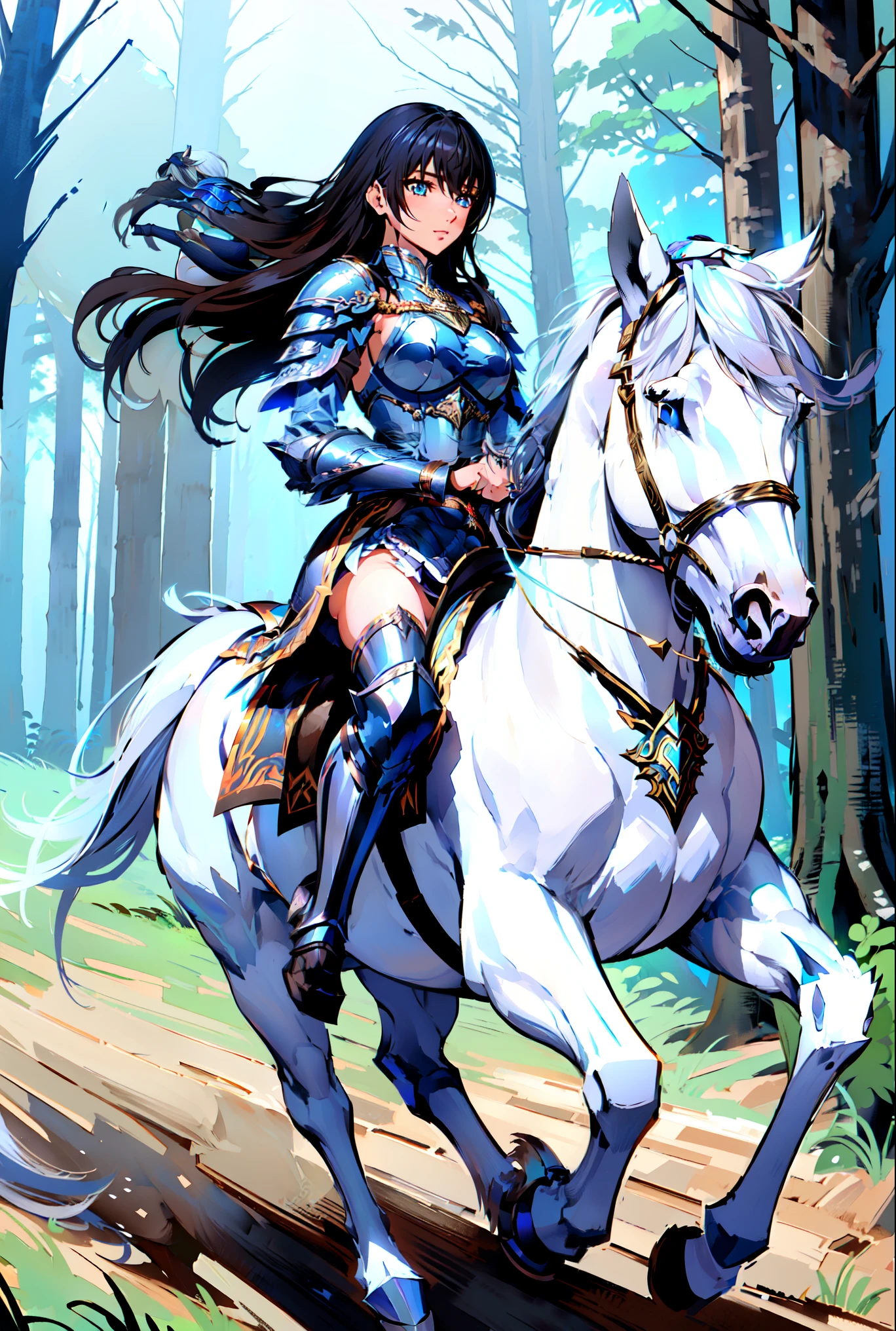 ((best quality)), ((anime masterpiece)), (high detailed), 8k, cinematic lighting, perfect face, a young female knight riding a HORSE,  (dark blue eyes, long hair, {black hair}, medium breast), (white armor, silver shoulder pads, miniskirt, armored boots), ((white horse:1.2, {white mane}, white tail, saddle, blanket, reins, bridle, stirrups)), FULL BODY, in the forest, solo, medieval fantasy settings, from side: 1.2, anatomically correct,