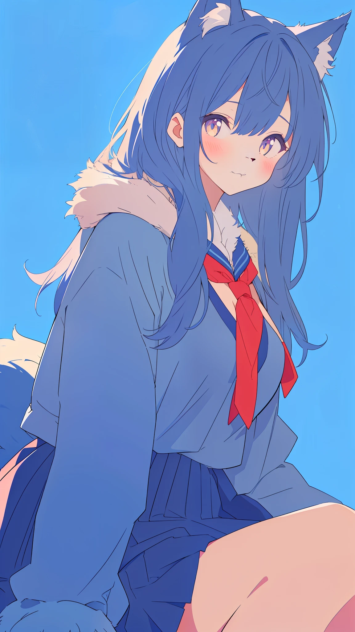 1girl, blue fur, wolf girl, medium breasts, school uniform, portrait, simple background, (furry:1.5) 