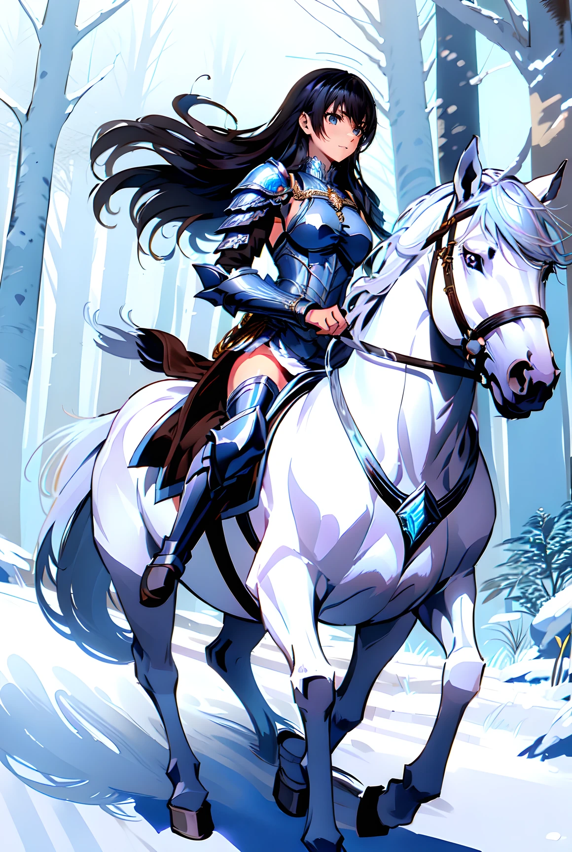 ((best quality)), ((anime masterpiece)), (high detailed), 8k, cinematic lighting, perfect face, a young female knight riding a HORSE,  (dark blue eyes, long hair, {black hair}, medium breast), (white armor, silver shoulder pads, miniskirt, armored boots), ((white horse:1.2, {white mane}, white tail, saddle, blanket, reins, bridle, stirrups)), FULL BODY, in the forest, solo, medieval fantasy settings, from side: 1.2, anatomically correct,