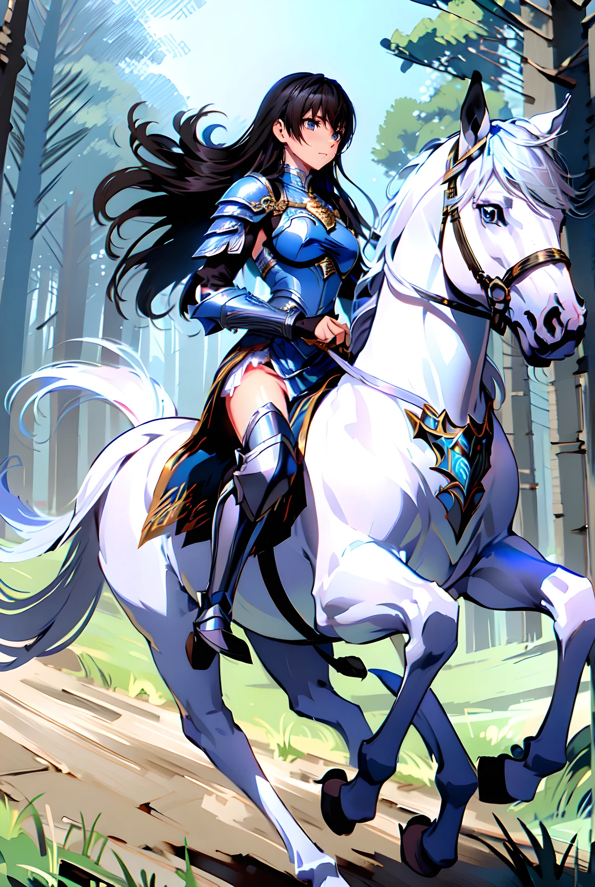 ((best quality)), ((anime masterpiece)), (high detailed), 8k, cinematic lighting, perfect face, a young female knight riding a HORSE,  (dark blue eyes, long hair, {black hair}, medium breast), (white armor, silver shoulder pads, miniskirt, armored boots), ((white horse:1.2, {white mane}, white tail, saddle, blanket, reins, bridle, stirrups)), FULL BODY, in the forest, solo, medieval fantasy settings, from side: 1.2, anatomically correct,