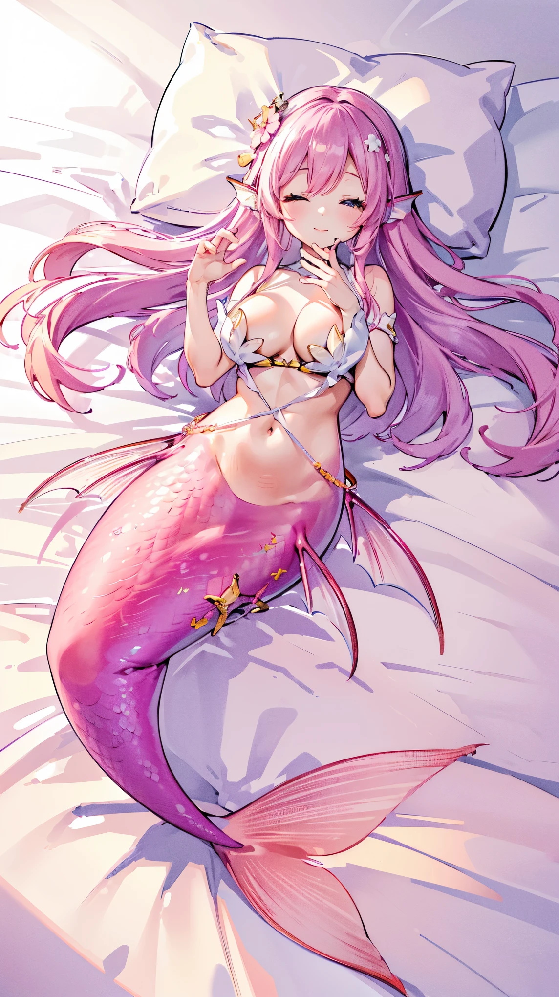 (masterpiece,  best quality),(Full fingers),A girl,Pink Hair,Hair accessories, white dress,Head fin,Solitary,Big breasts,Mermaid,粉色的Mermaid尾巴,Full body photo,charming face(Kawaii, charming,Soft),Smile,With eyes closed,Lying in bed