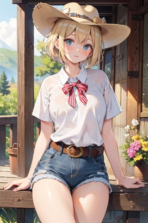 ((masterpiece, detailed eyes, best quality)), 1girl, solo, gabriel, smile, cowboy hat, plaid flannel shirt, ripped denim shorts, cowboy boots, farm, ranch, barn, sun, clouds,<lora:Gabriel:0.85>
