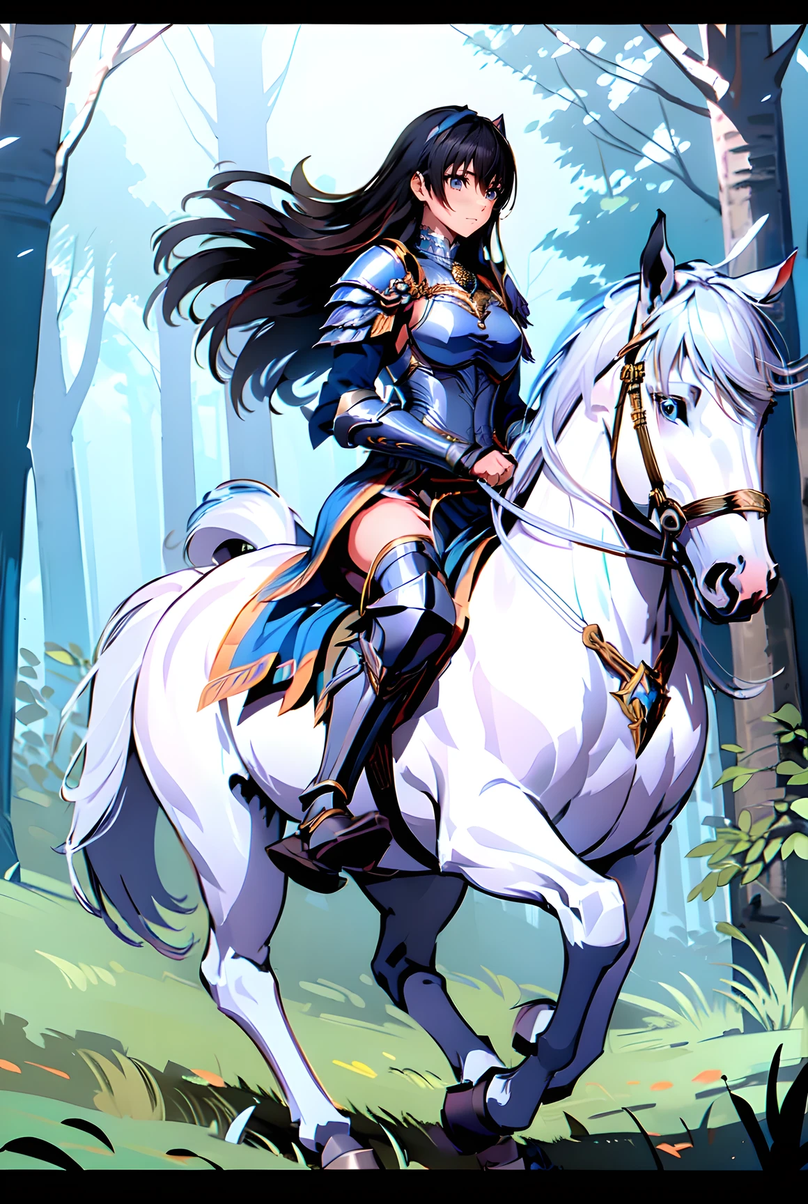 ((best quality)), ((anime masterpiece)), (high detailed), 8k, cinematic lighting, perfect face, a young female knight riding a HORSE,  (dark blue eyes, long hair, {black hair}, medium breast), (white armor, silver shoulder pads, miniskirt, armored boots), ((white horse:1.2, {white mane}, white tail, saddle, blanket, reins, bridle, stirrups)), FULL BODY, in the forest, solo, medieval fantasy settings, from side: 1.2, anatomically correct,