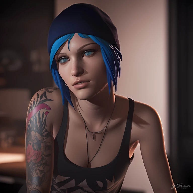 Best_QualityPos, RAW photo, intricate details, best quality, 8k uhd, soft lighting, 1girl, solo, chloe price, blue hair, blue eyes, arm tattoo, short hair, hat, white tank top 