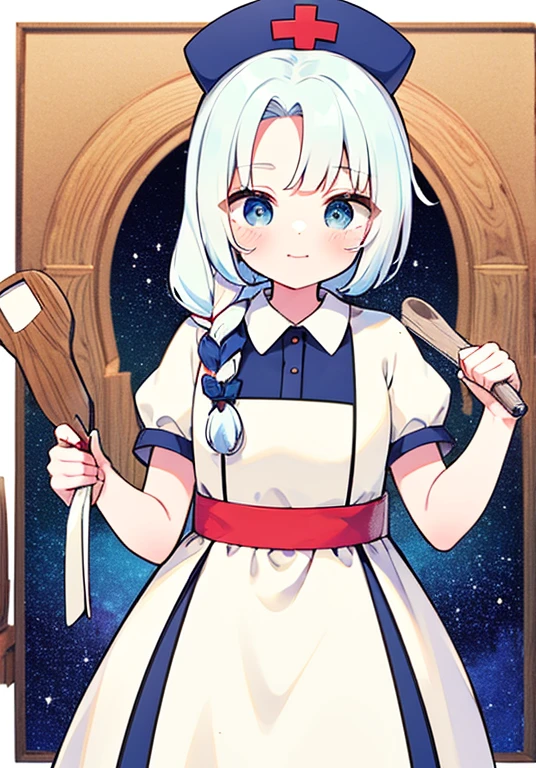 yagokoro_eirin_(touhou), long_hair, white_hair, twin_braids, blue_eyes, collared_dress_with_constellation_print, petticoat, frilled_dress_with_puffy_short_sleeves, white_sash, nurse_cap, blue_hat, red_cross, bow_(weapon), cute_face, good_anatomy, beautiful, best_quality, yagokoro_eirin, yagokoro_eirin, nurse_cap, short_sleeves, yagokoro_eirin, 1girl, nurse_cap, long_hair, braid, blue_eyes, white_hair, multicolored_clothes, multicolored_dress, short_sleeves