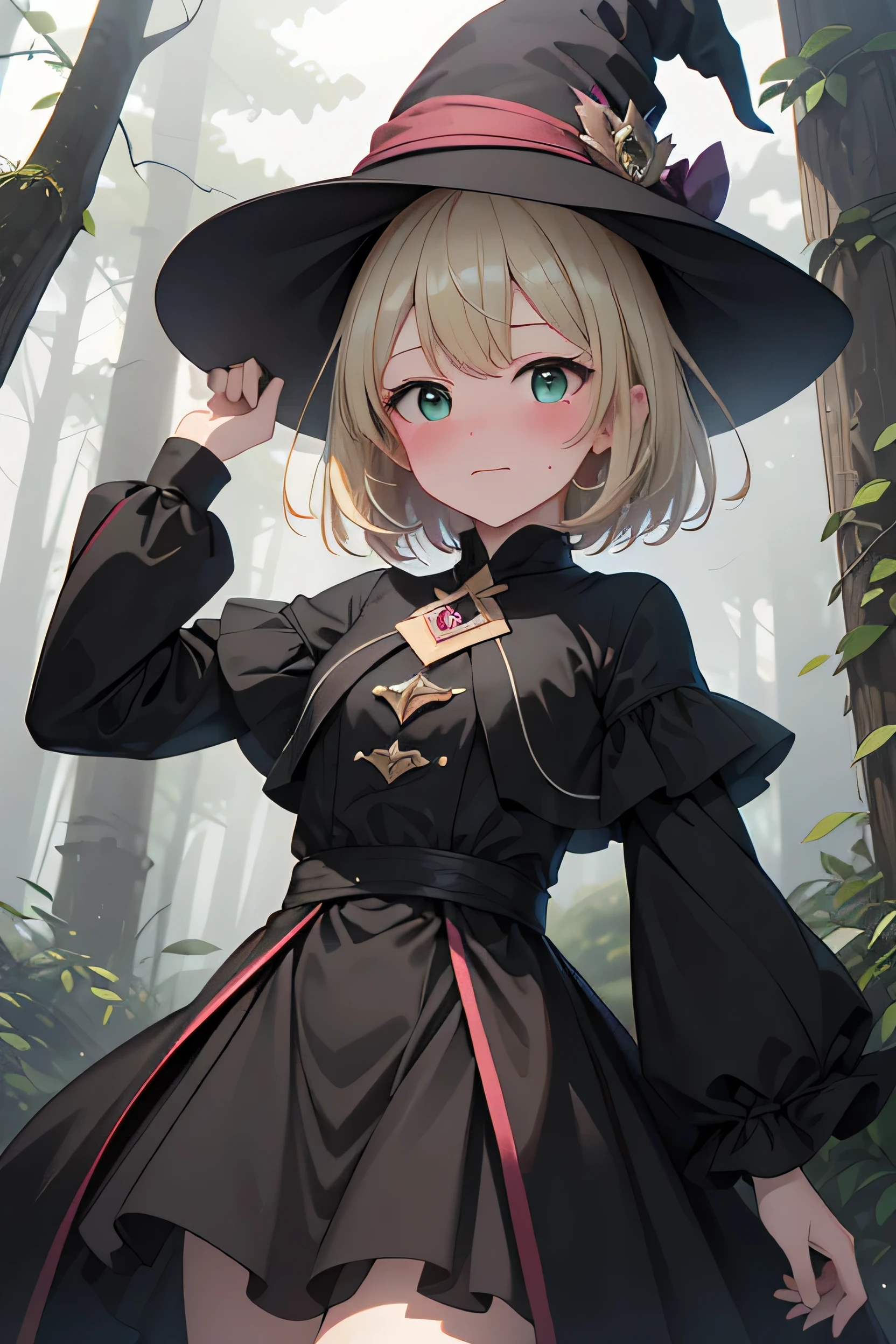 score_9, score_8_up, score_7_up, source_anime, masterpiece, foggy forest, 1girl, solo, cute witch, blonde hair, short hair, green eyes, (blushing:1.4), (crazy face:1.2), dark and green two-tones sorceress dress, sorceress hat, hearts, in love, looking at the viewer