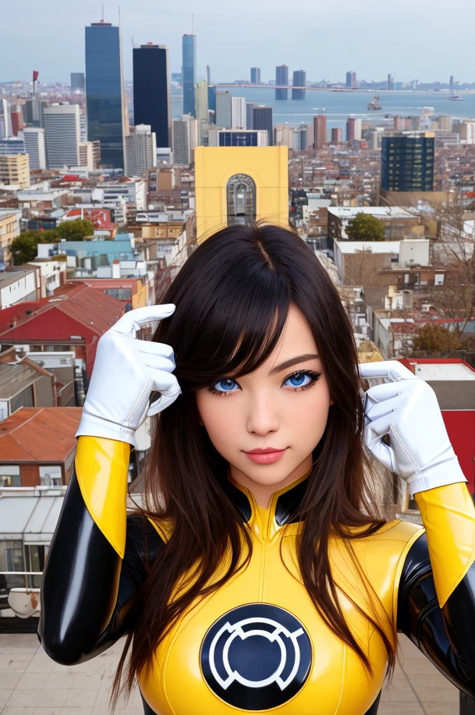 masterpiece, best quality, 1girl, black hair, blue eyes, yellow lantern costume, white gloves, cityscape background
