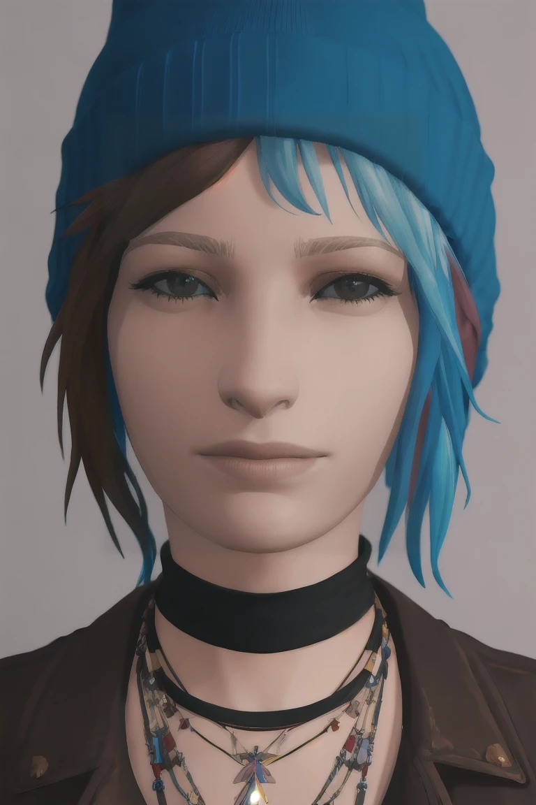 masterpiece, best quality, high quality, extremely detailed CG unity 8k wallpaper,A portrait of chloeprice, blue hair, brown eyes, looking at viewer, hyperrealistic, ultra detailed, beanie, choker, tattos