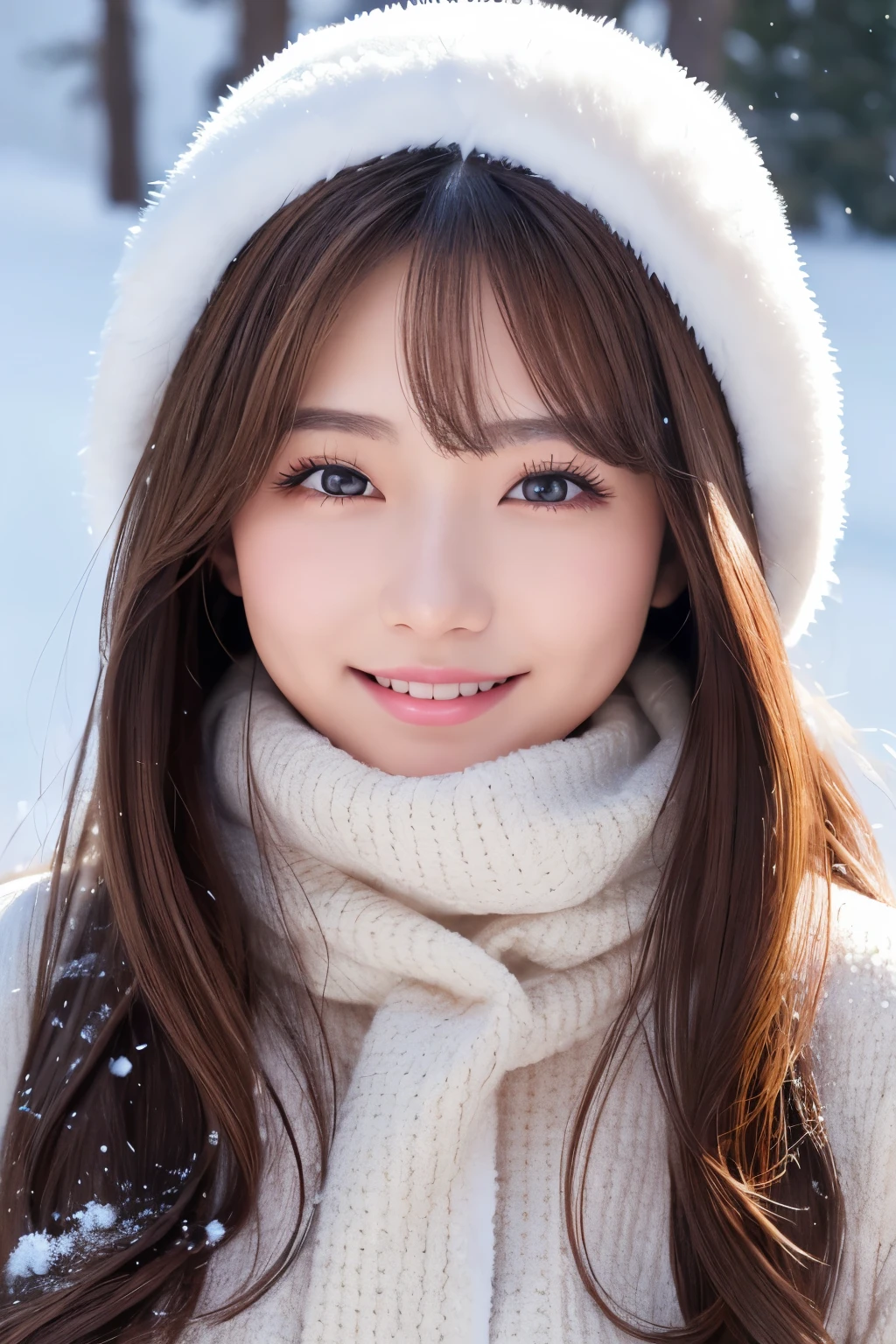 (NSFW:1.1)、 Photorealistic、(Perfect Anatomy)One woman, age 24、Hair is semi-long、The hair color is light brown、Applying blush to the cheeks、Lips with gloss、smile、Snow Mountain、She is wearing winter gear but her breasts are exposed.、Slightly backwards
