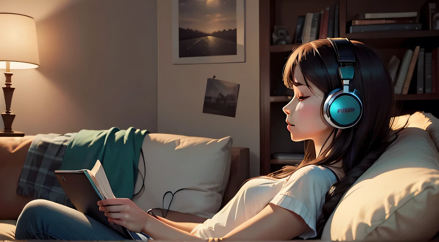 Girl listening to music in a cozy room at night, Usando fones de ouvido, Anime estilo 2D, Lo-fi, disco Rigido, Ambiente escuro