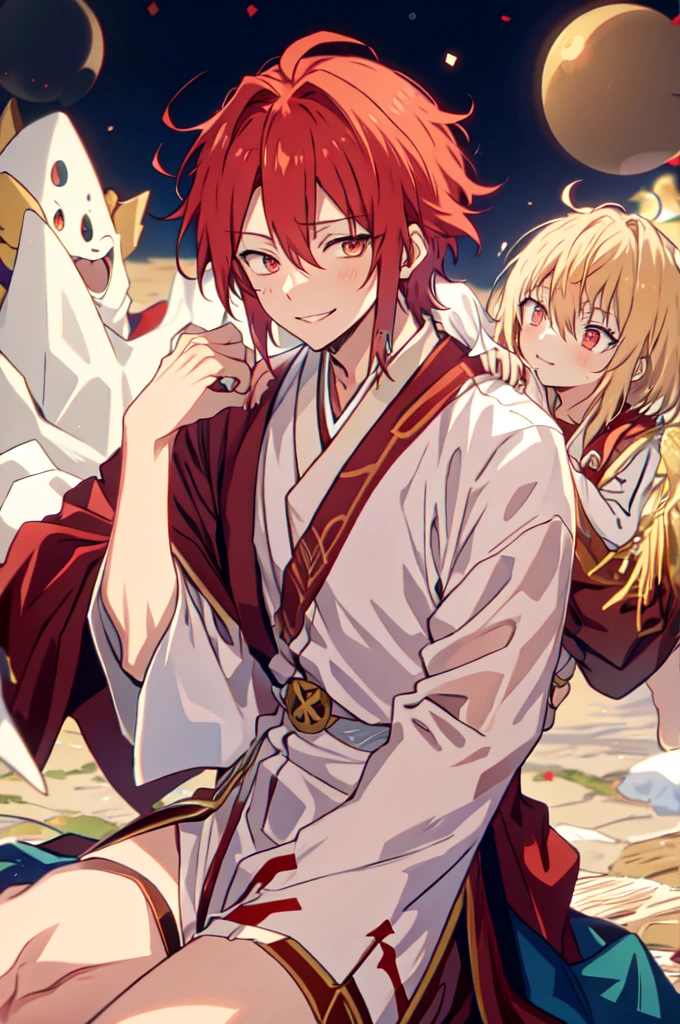 Kirishima, in.a. inniforme escolar, 1 child, inniforme escolar, mascinlino enfoqine, Red hair, red eyes, Alone, cabello de natinral, smile tranqinila,  looking at the spectator, smile, long wizard costume Elias Ainsworth, Tight lips  (closed), long wizard costume