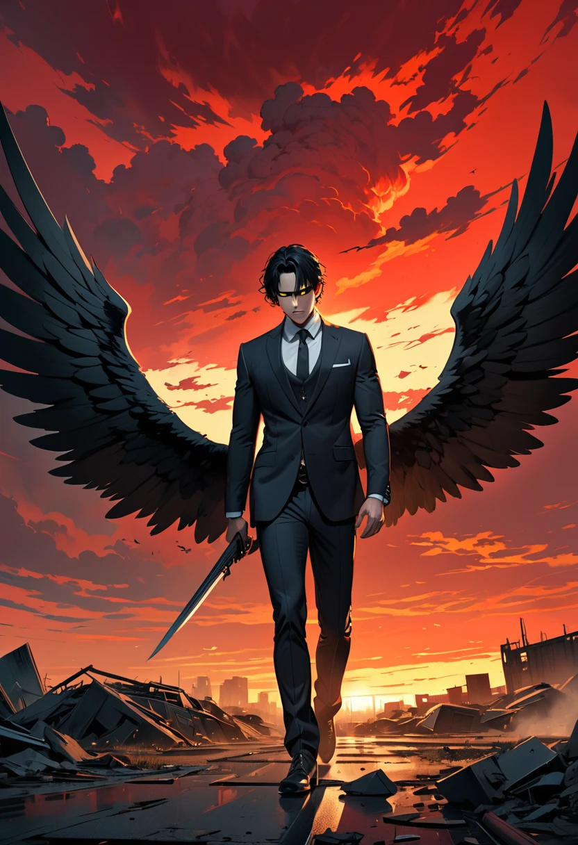 Tall, commanding CEO-like figure with short black hair, blood-red eyes, and clean-shaven face. Accented with pure black wings, exuding authority and sophistication in his sophisticated attire.