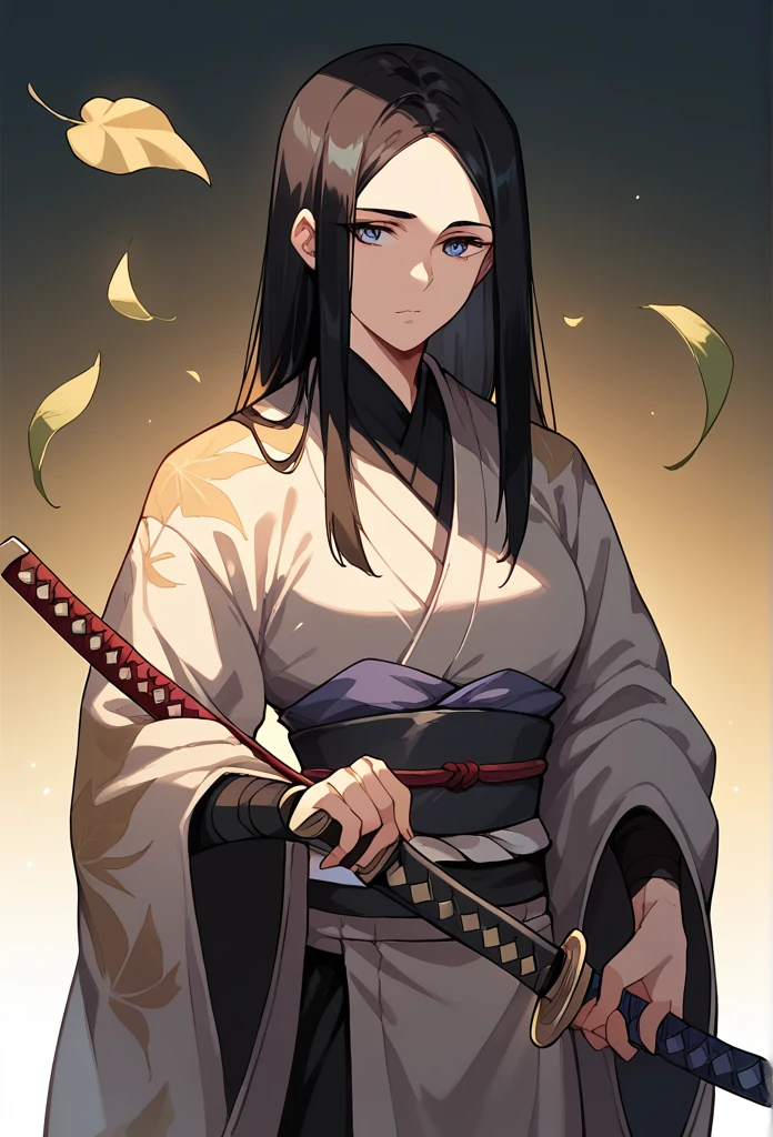  1 woman, blue eyes, black hair, long straight hair,Black samurai armor, gold leaf pattern, holding a black katana 