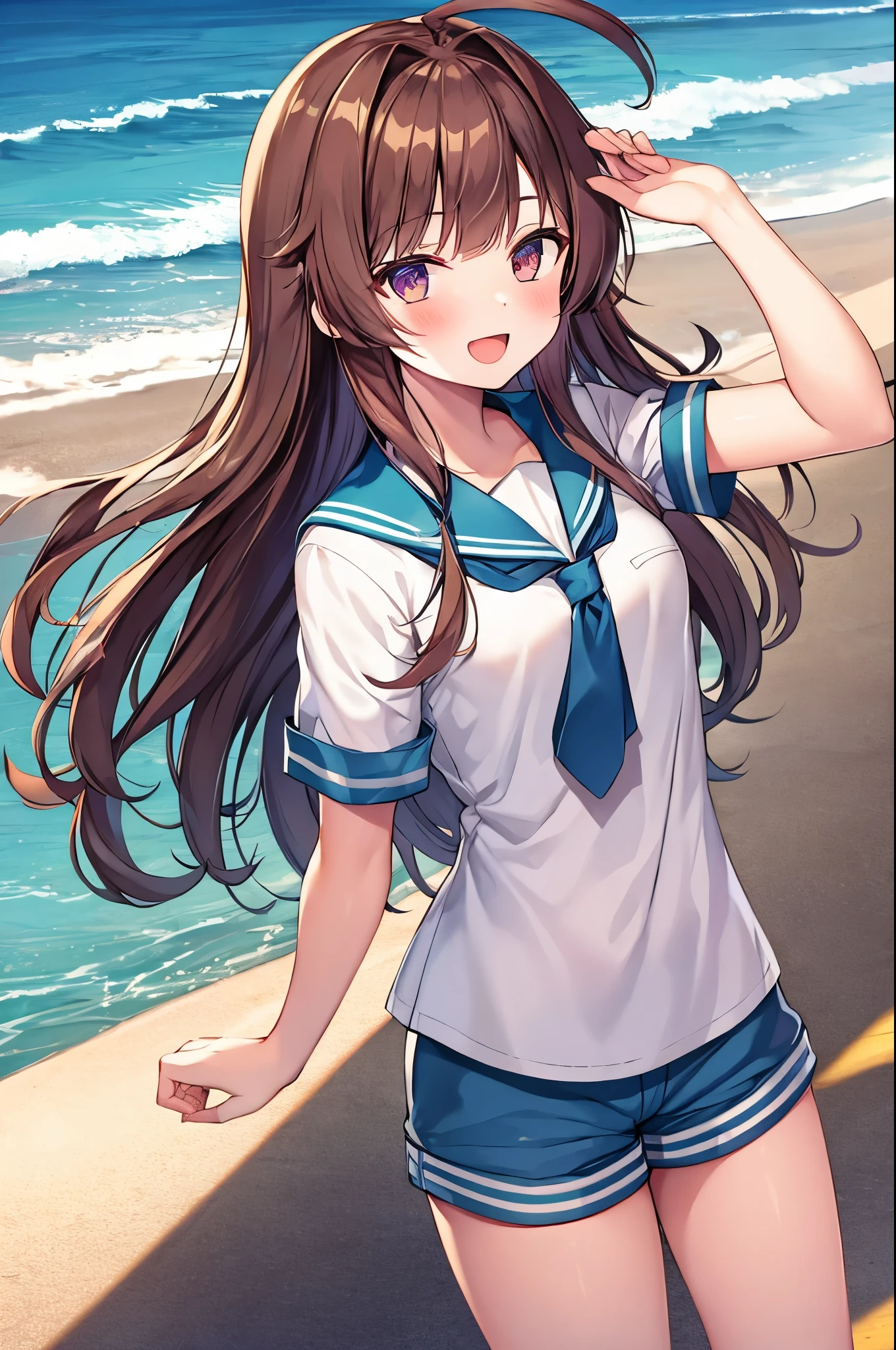 1young_teen_ girl,  brown_hair, long_hair, sailor_uniform,white_ baggy_shorts, short_sleeve, thighs, small_breasts, big_smile, open_mouth, standing, harbor_background, slightly_spread_legs, happiness, covered_crotch,ahoge,XD,exciting,