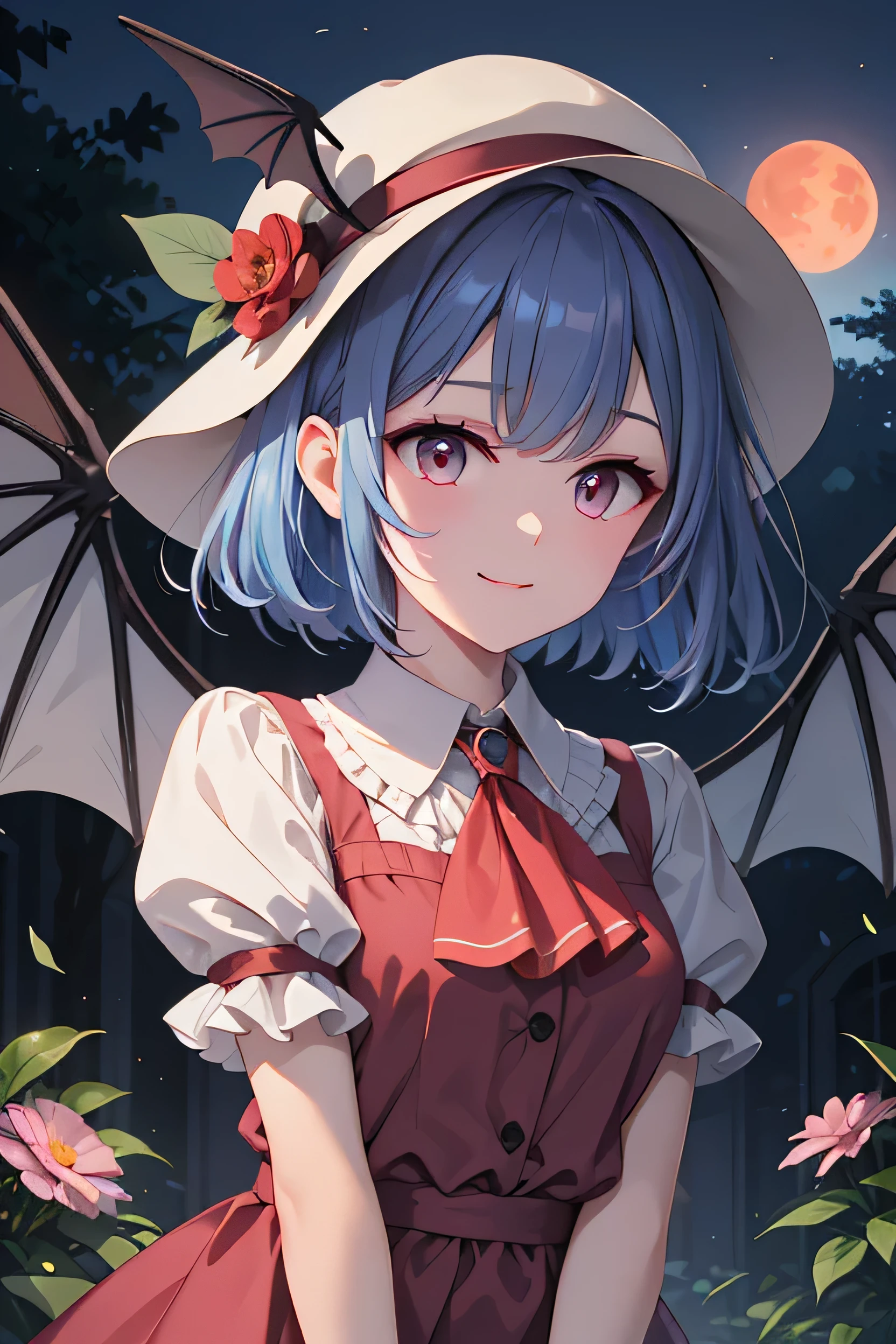 score_9, score_8_up, score_8, (curvy), cute, eyelashes,      BREAK,  zzRemilia, red eyes, blue hair, short hair, hat, ribbon, pink dress, wings, ascot, hat ribbon, bat wings, short sleeves, frills, puffy sleeves, smile, smug, glowing eyes,  upper body,  red moon,  BREAK, smile, looking at viewer,  ,,, shiny skin, night garden, flowers, soft shadows, moonlight reflecting off skin, whisper of wind, ,,,  embedding:zPDXL, Expressiveh,  