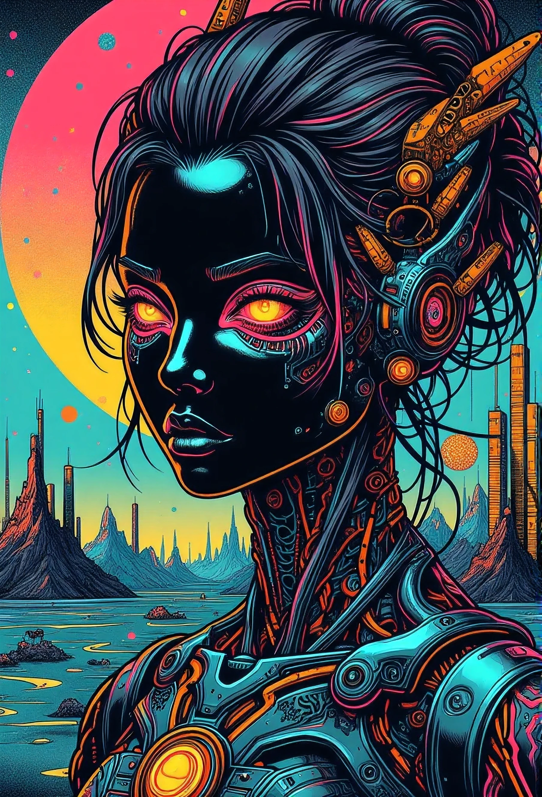 photo of the front of the metallic face melting and dripping dark images psychedelic images of geometric beings, intergalactic, magic, technology, Aztec Mayans, optical illusion geometry, mystical beings. cover for psytrance album lsd,dmt,machine elfos