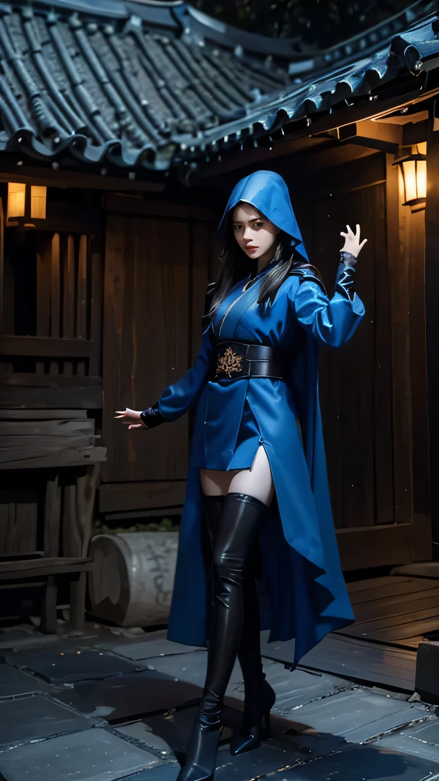 South korea ninja women mystery hooded on with modern royal Blue coat with long and wide sleeves with buttons and royal Blue cape and very high white heel over the knee and white gloves, As she reveals a small secret hidden blade coming from his palm , adding to the character's mysterious and agile appearance, with small movements of air on the cape, jump from roof to roof, in summer at night under the rain,medieval south korea house. sophisticated and highly detailed, ultra hd, realistic, hyper detailed, enhanced colours, ultra sharp focus, with vibrant, rich in details High quality, gorgeous, captivating, 8k, super detailed, stunning shadows, detailed lines, ready to make a murder