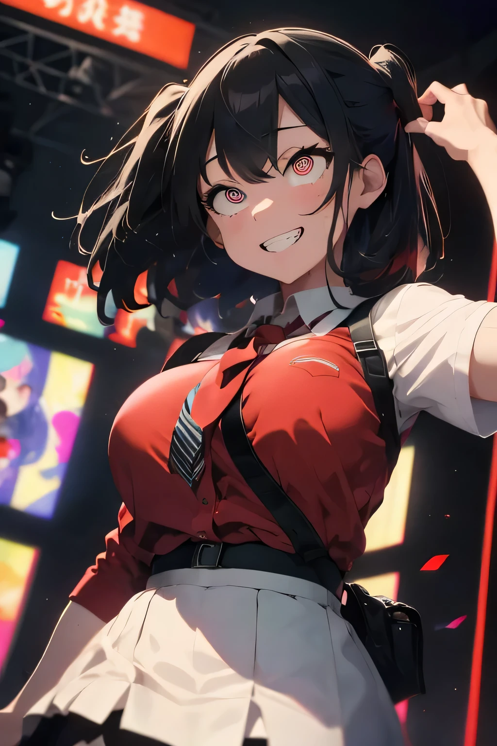 Ultra-high resolution, anatomically correct ,detailed eyes masterpiece, 8k, Best Quality,solo attractive woman,black hair,(red Eyes),school uniform,(Huge breasts),on stage,singing,grin,(upper body)