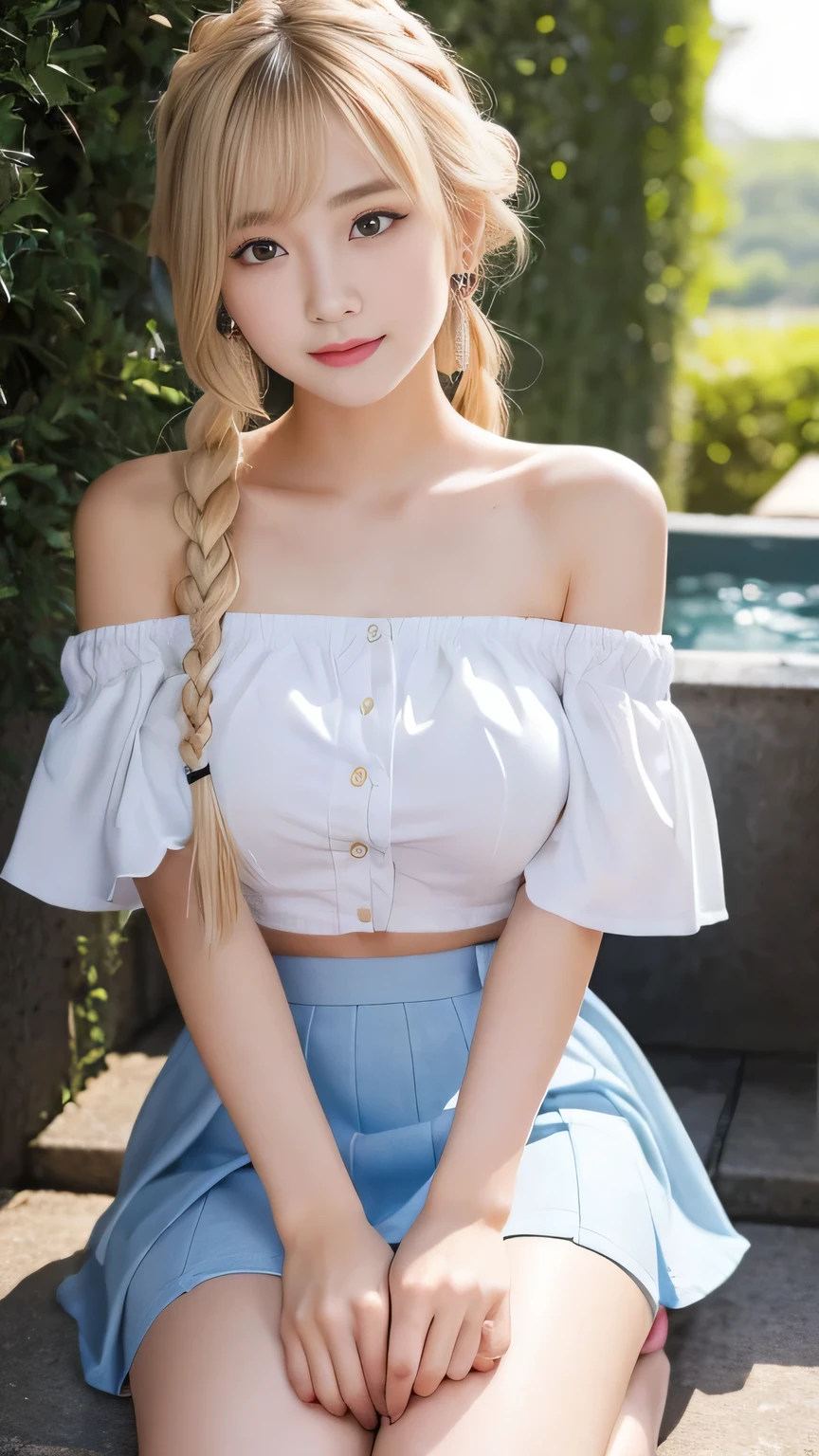 Highest quality、Precise beauty、Beautiful long hair woman、The most beautiful woman in the world、Beautiful and sharp face、21 years old、blonde、blonde Hair、Smooth Short Hair、Very detailedな顔、Cute Smile、Beautiful and exquisite、Ample breasts、High resolution、8k wallpaper、Sexy pose、Very detailed、masterpiece、Very bright photo、One Woman、Tight Skirt、Off-the-shoulder tops