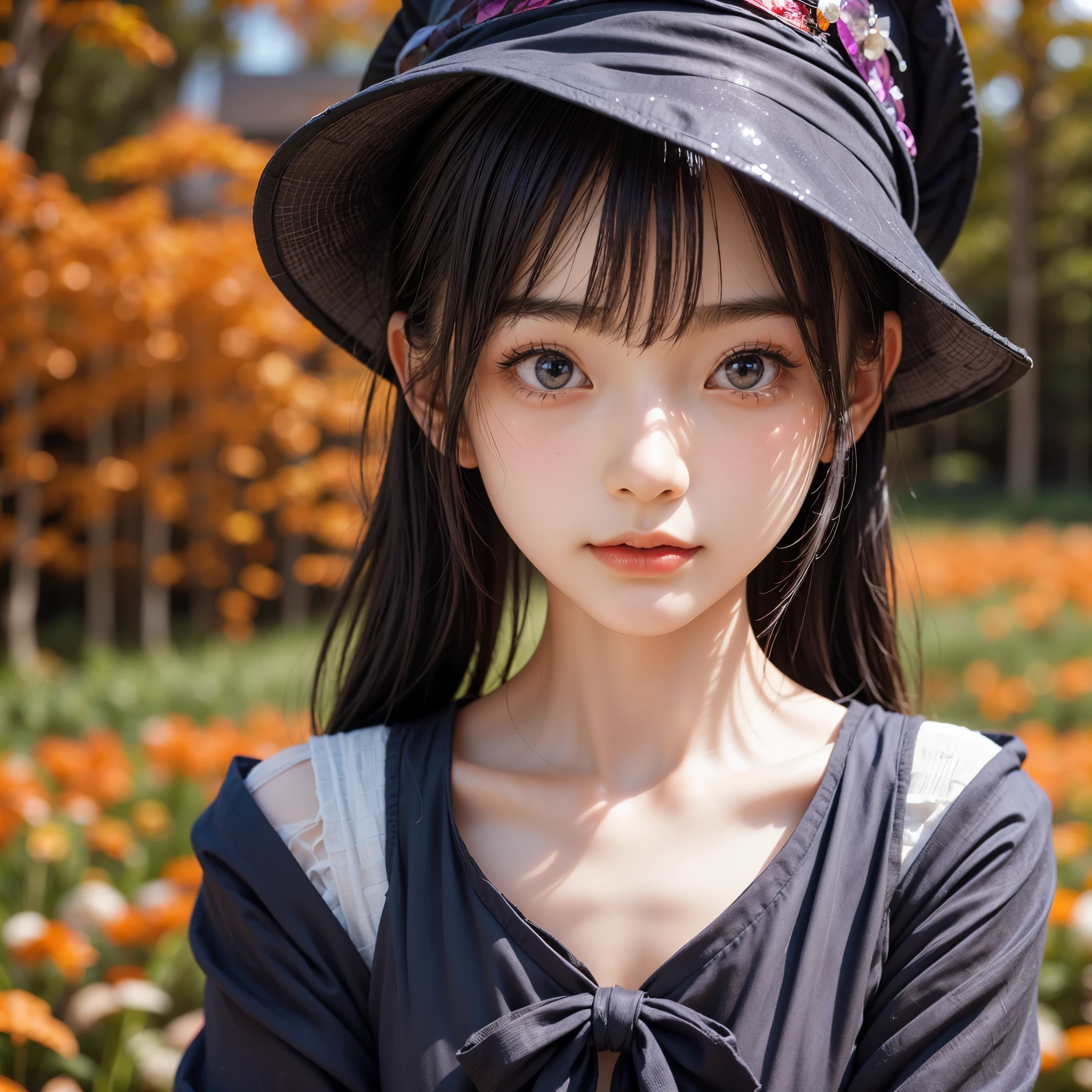 HD, depth of field, spring, smaller head, sideways, sitting, black hair, yellow straw hat, anime, off-the-shoulder, wild, colorful flowers and plants,