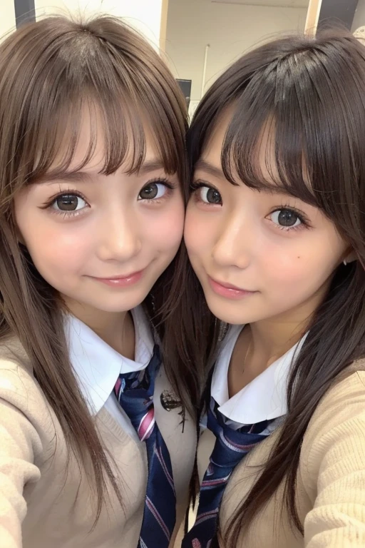 Japanese female 1 person、Baby Face,  (masterpiece,  best quality,  raw photo:1.2),  (upper body,  front angle), (2girls has a different hairstyle and face ,  2girls,  pair, friends:1.3),  cute girl,  famous pretty 16’s girls,  (looking viewer,  close up,  face,  face photo:1.2),  pretty face,  (front view:1.2),  (smile:0.6),  idol face,  famous japanese idol,  (very pretty:1.3), (((school uniform,  high school girls)))