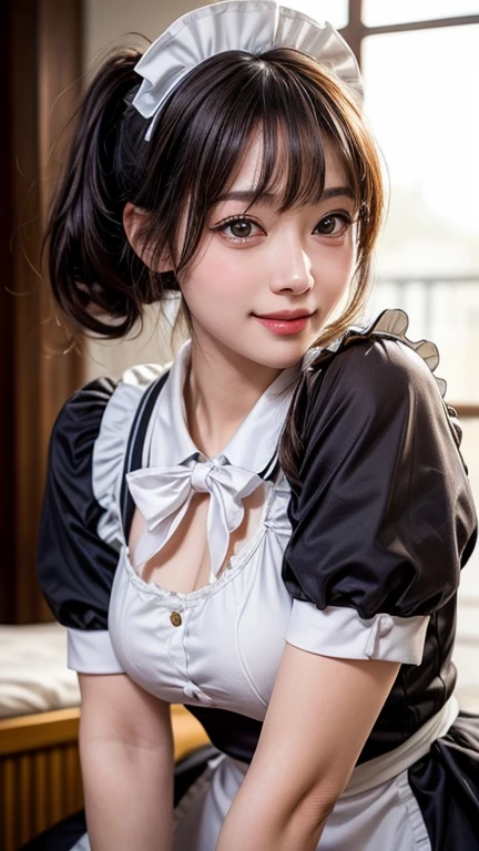 (One woman), Great face and eyes, blue eyes, Captivating smile, (Frilled maid cafe costume, Pleated mini skirt:1.5), (Wide open maid cafe costume:1.2), (Stunningly beautiful woman), (Highest quality:1.4), (Very detailedな), (Very detailed CG 統合 8k 壁紙), Very detailed, High-quality RAW color photos, Professional photography, Written boundary depth, (View from below),、((Sexual pose:1.5))、((Top view:1.5))、((Light sweating:1.5))、Big Breasts、Long wavy brown hair、