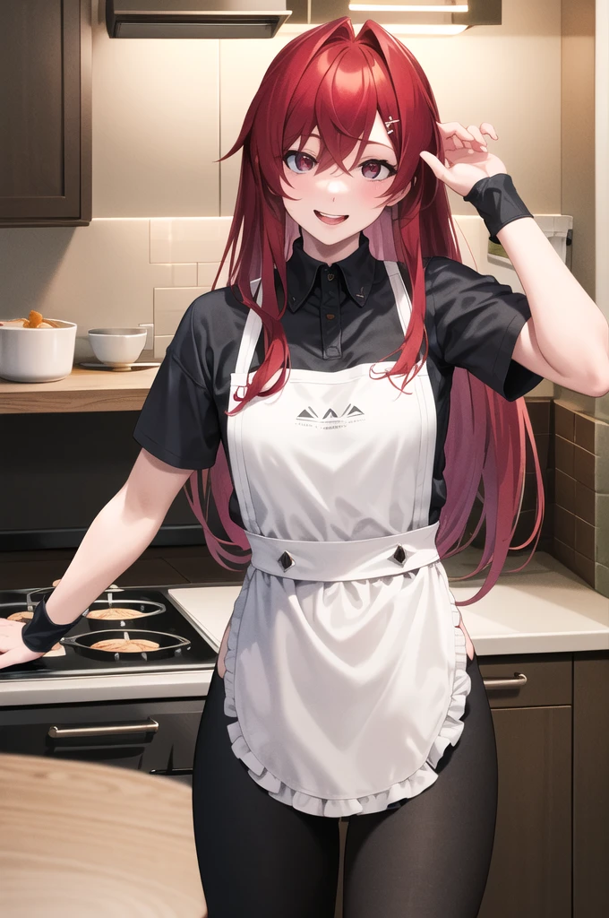 masterpiece, best quality, highres,pun , long hair, fringe, red eyes,  in plain clothes a legging pants a short sleeve shirt and a kitchen apron Making food, Looking seductively at Sexy Naughty with a mischievous smile with desire 