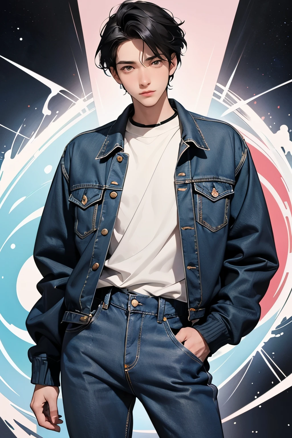 Wear a blue sweater,Stretch your arms in the air, Attractive pose,Smooth white skin, with backdrop of natural light,best qualtiy,tmasterpiece,超高分辨率,So handsome, so handsome, so charming and holy, hot face, top handsome guy,Starry eyes,The black hair has a dark blue glow,