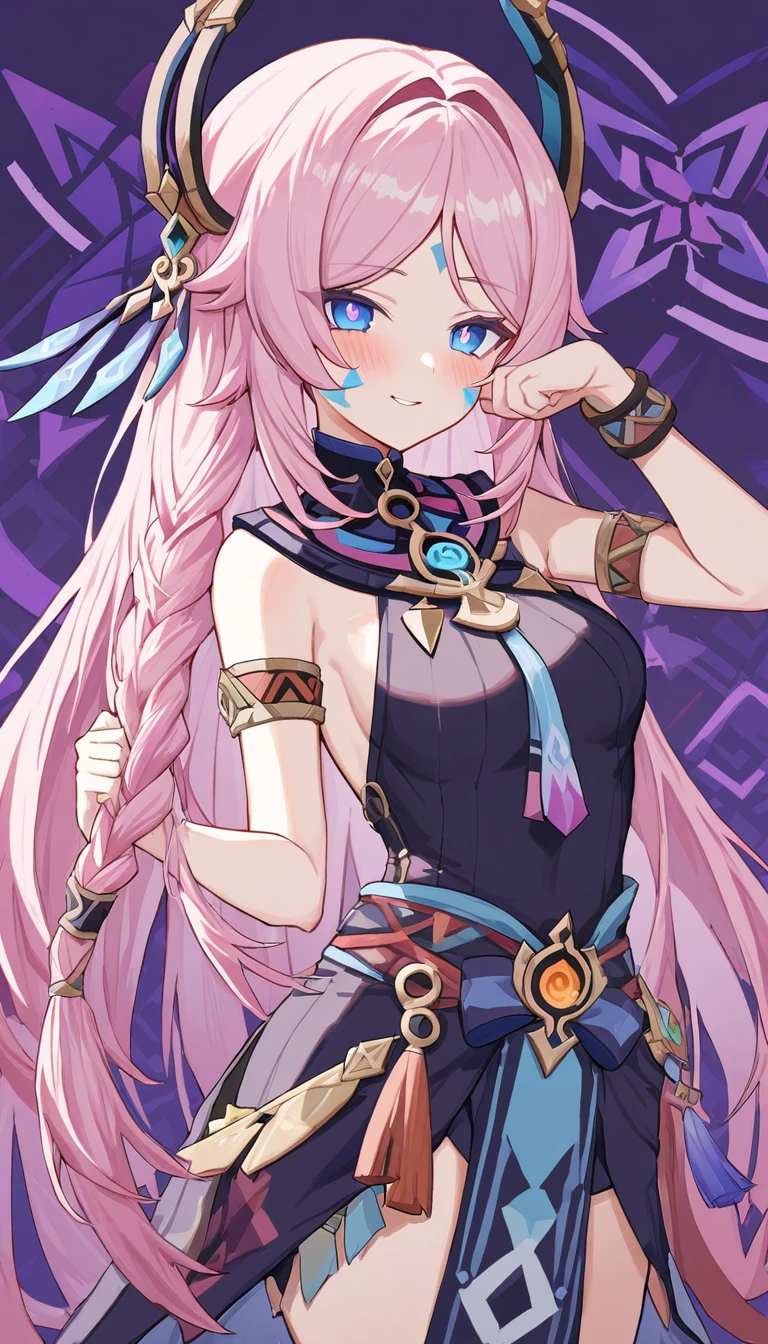 citlali ,シトラリ(genshin impact), 1girl,cowboy shot,naughty face,paw pose,pink hair, parted bangs, very long hair, hair down, braids, hair ornament, facial Mark, blue eyes, pink pupils, tribal clothes,waistcloth,Genshin Impact Style, AddXL, touches hair, glowing eyes, blush, beautiful detailed, hyper detail, masterpiece, best quality, bright, hair ornament, facial Mark, citlali,purple Geometric background