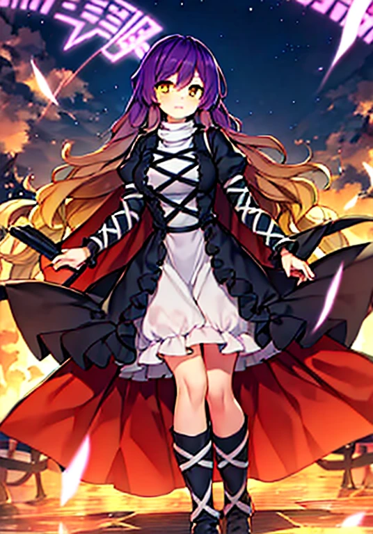 hijiri byakuren (touhou), gradient hair, two-tone hair, purple hair, brown hair, wavy hair, white dress, cross-laced clothes, turtleneck dress, juliet sleeves, puffy short sleeves, boots, sorcerer's sutra scroll, cape, hijiri byakuren, 1girl, multicolored hair, long hair, yellow eyes, layered dress, long sleeves, ajirogasa, necklace