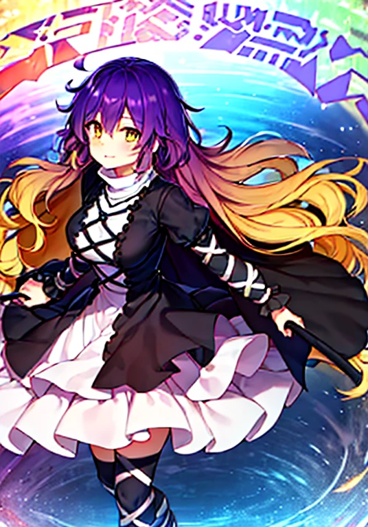 hijiri byakuren (touhou), gradient hair, two-tone hair, purple hair, brown hair, wavy hair, white dress, cross-laced clothes, turtleneck dress, juliet sleeves, puffy short sleeves, boots, sorcerer's sutra scroll, cape, hijiri byakuren, 1girl, multicolored hair, long hair, yellow eyes, layered dress, long sleeves, ajirogasa, necklace