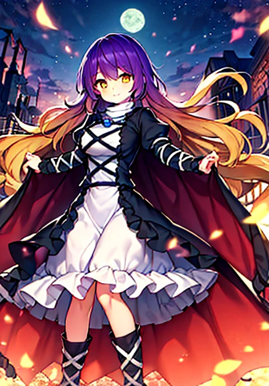 hijiri byakuren (touhou), gradient hair, two-tone hair, purple hair, brown hair, wavy hair, white dress, cross-laced clothes, turtleneck dress, juliet sleeves, puffy short sleeves, boots, sorcerer's sutra scroll, cape, hijiri byakuren, 1girl, multicolored hair, long hair, yellow eyes, layered dress, long sleeves, ajirogasa, necklace